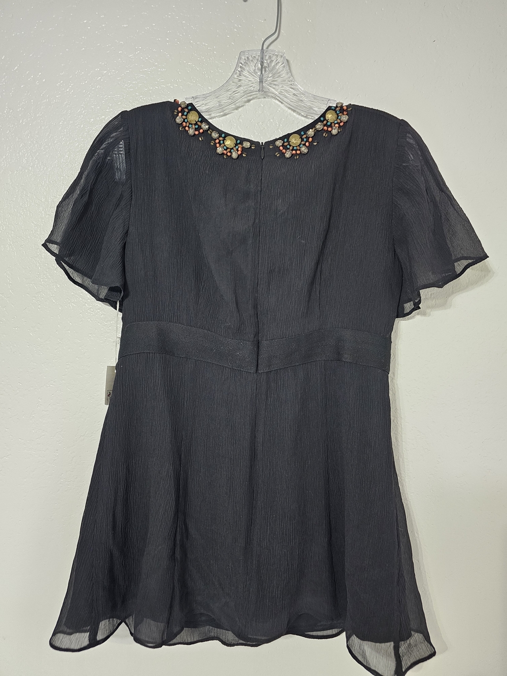Nanette Lepore 100% Silk Embellished Beaded Flutter Sleeve Tunic Blouse Top Blk - Picture 6 of 9